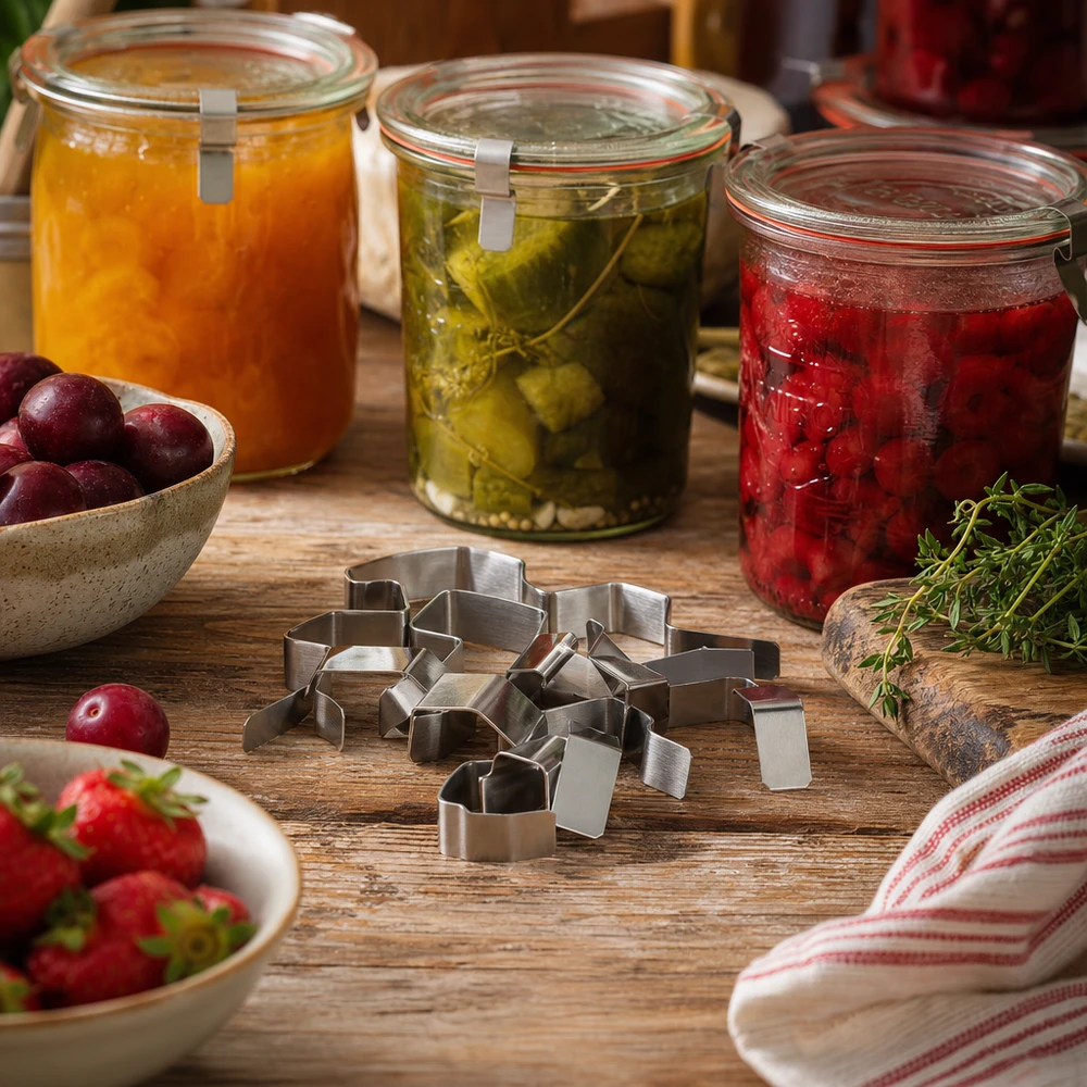 Roestvrijstalen inmaakklemmen in een keukenscène met potten ingemaakte jam, groenten en vers fruit