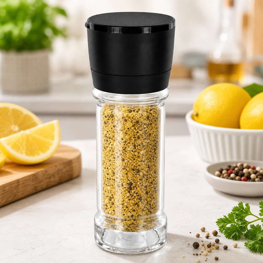 Kruidenpotje met citroenpeper 100 ml met zwarte Vario-molen, met verse citroenen