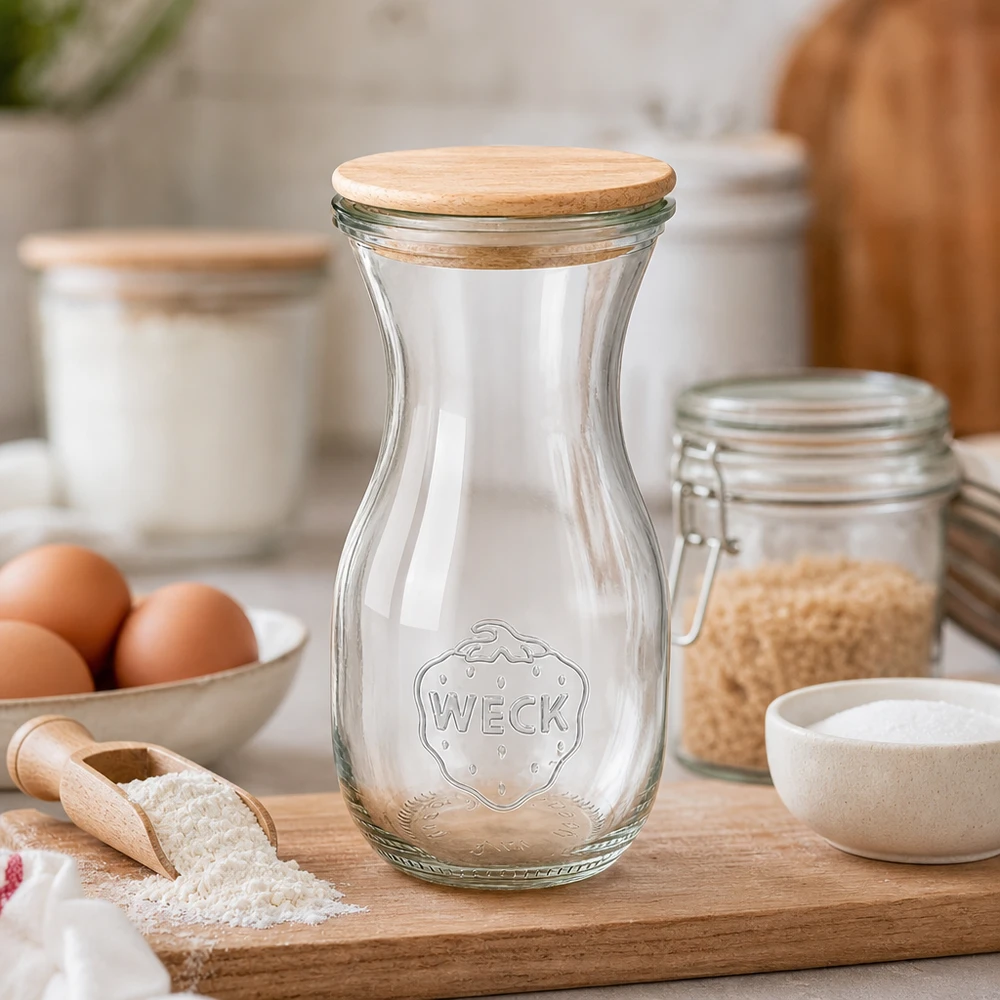 WECK sapfles 290ml met houten deksel op keukenplank tussen bakingrediënten, bloem, eieren en voorraadpotten