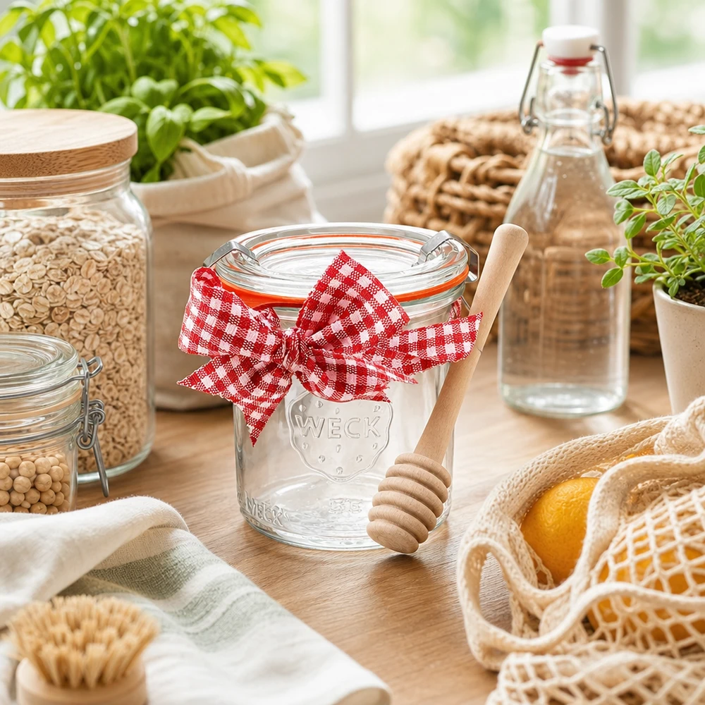 WECK stortglas 140ml compleet met honinglepel en strikje WECK mini tuimelaars 140ml complete set keukendecoratie duurzame opslag honing lepel hout kruiden voorraadpotten