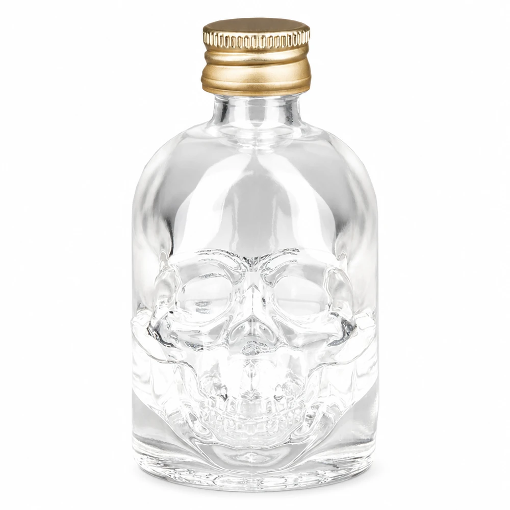 50 ml glazen fles Hector en schroefdop goud UNiTWIST® 50ml Hector glazen fles met doodshoofdontwerp en gouden UNiTWIST schroefdop voor sterke dranken en dranken