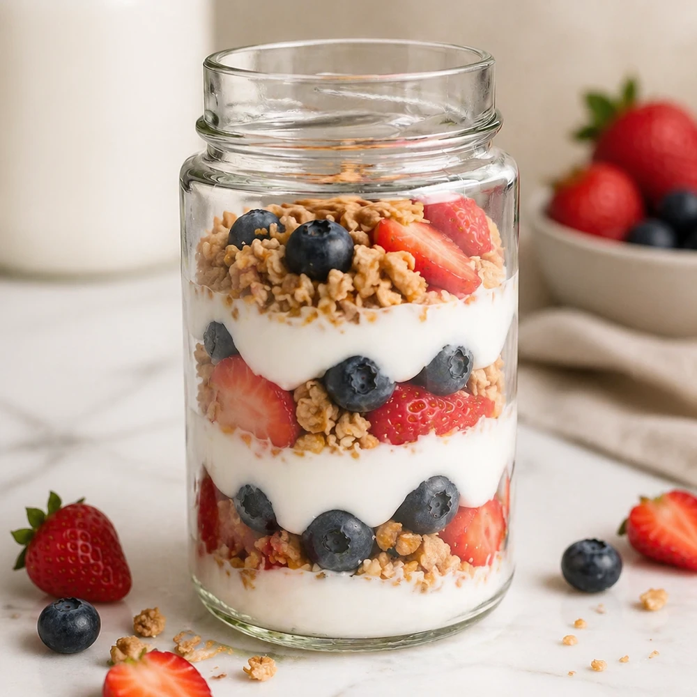 245ml rond glas zonder deksel (TO58deep) UNiTWIST UNiTWIST Runda245 ronde pot 245ml met yoghurt muesli aardbeien bosbessen gelaagd TO58deep deksel glazen voorraadpot