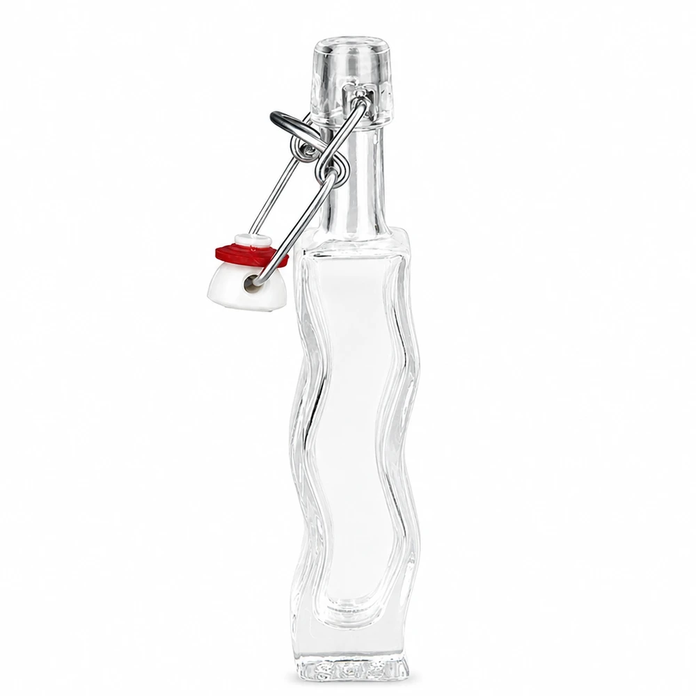 40 ml glazen fles Fila met PVC-sluiting UNiTWIST® 40 ml glazen Anna-fles met rode rubberen afdichting op de draaidop, gedetailleerd zijaanzicht van de gebogen vorm