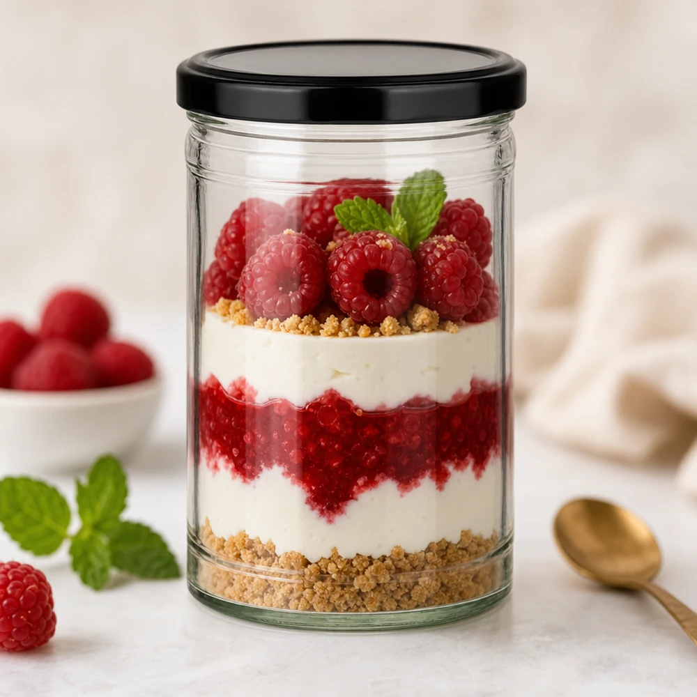 1053ml beker met BasicSeal deksel zwart UNiTWIST 1053ml Sturzglas mit schwarzem Deckel als Dessertglas mit Himbeer-Schichtdessert und Keksboden dekoriert mit Minze