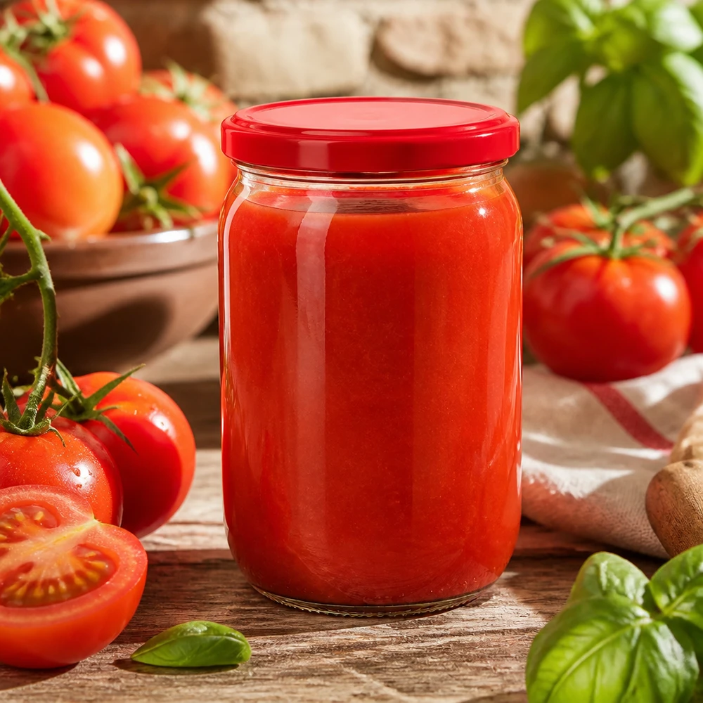 Gevuld rond glas van 555 ml UNiTWIST met rode BasicSeal-deksel, ideaal voor het inmaken van tomatengerechten