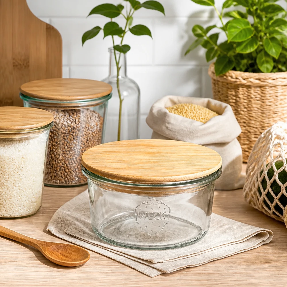 WECK RR80 165ml lege voorraadpot met bamboe deksel in duurzame zero-waste keuken met voorraadpotten