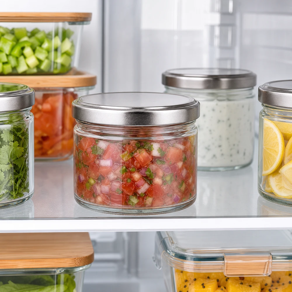 540ml rond glas met BasicSeal deksel zilver UNiTWIST Ronde potten van 540 ml met zilveren deksels in de koelkast, maaltijdcontainers voor salsa en voorgesneden groenten