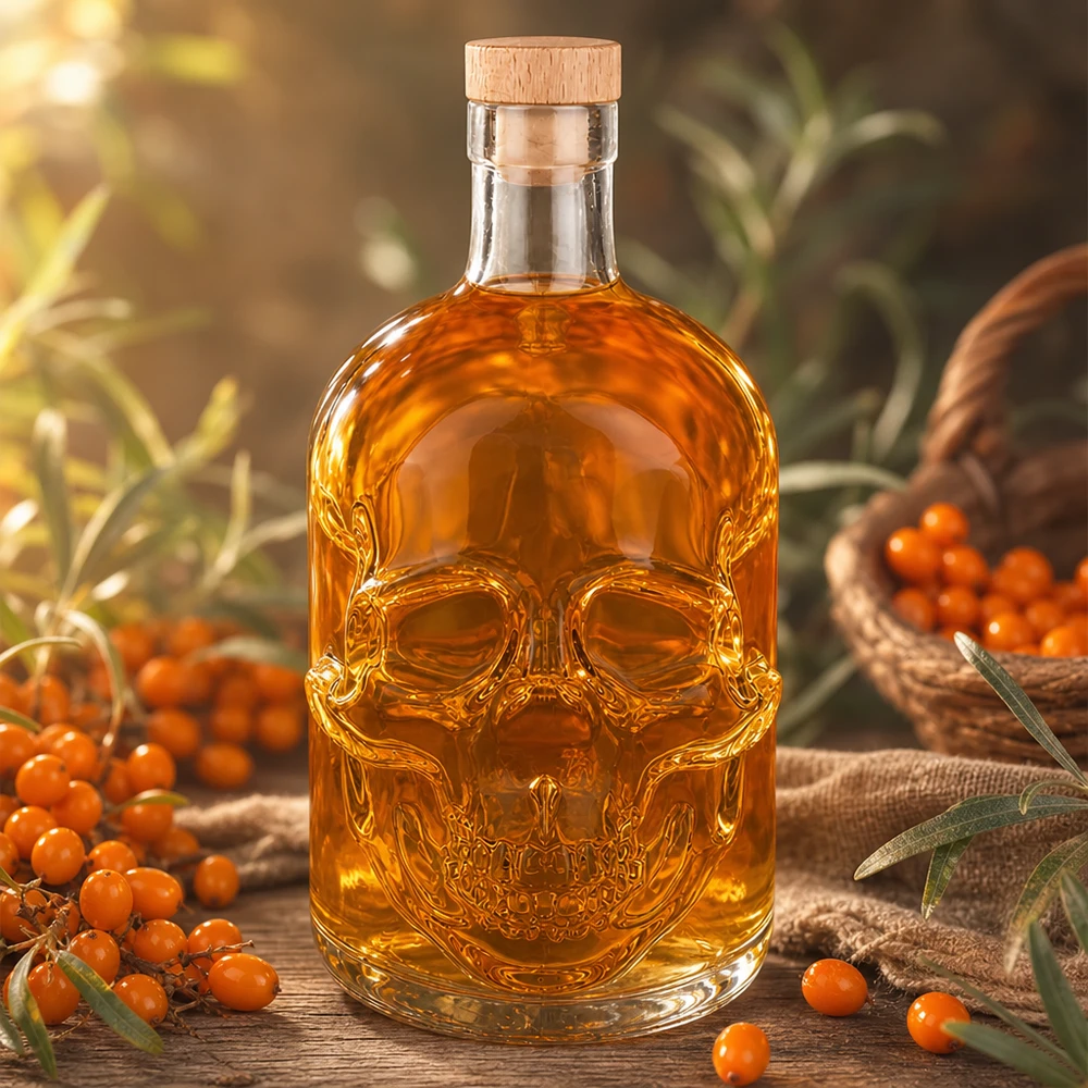 700 ml glazen fles Jack met houten kurk UNiTWIST® Totenkopf-Glasflasche 700ml mit orangefarbenem Inhalt zwischen Sanddornbeeren und Olivenzweigen dekoriert