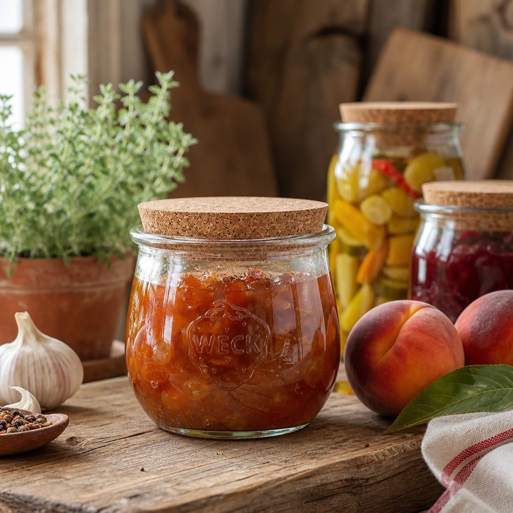 WECK inmaakpot 370ml met kurken deksel gevuld met jam in een rustieke keuken naast verse perziken