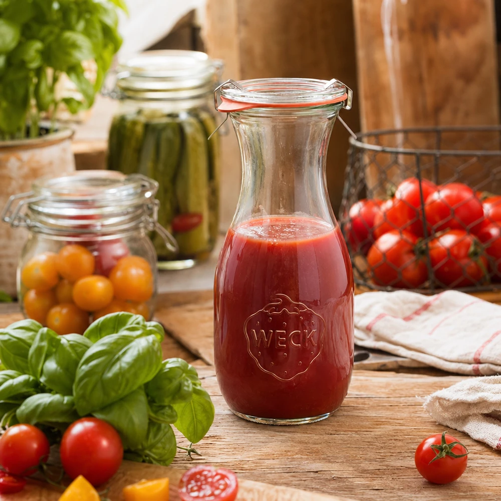 530 ml sapfles, compleet WECK RR60 WECK sapfles 530ml met tomatensap op houten tafel omringd door verse tomaten en basilicum in keuken