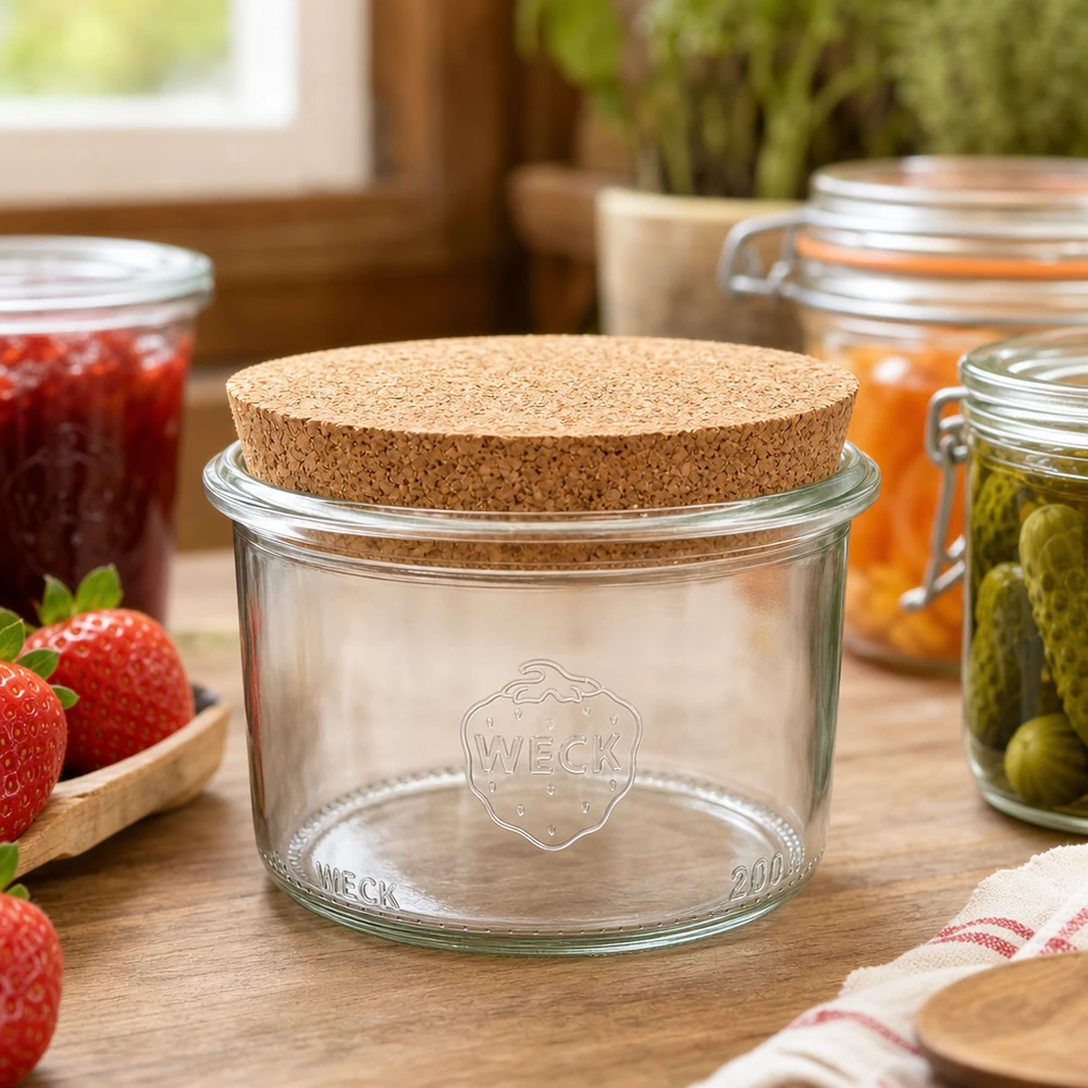 200ml stortglas WECK RR80 met kurk WECK inmaakpot 200ml RR80 met kurkdeksel in een rustieke keuken naast jam en ingemaakte augurken