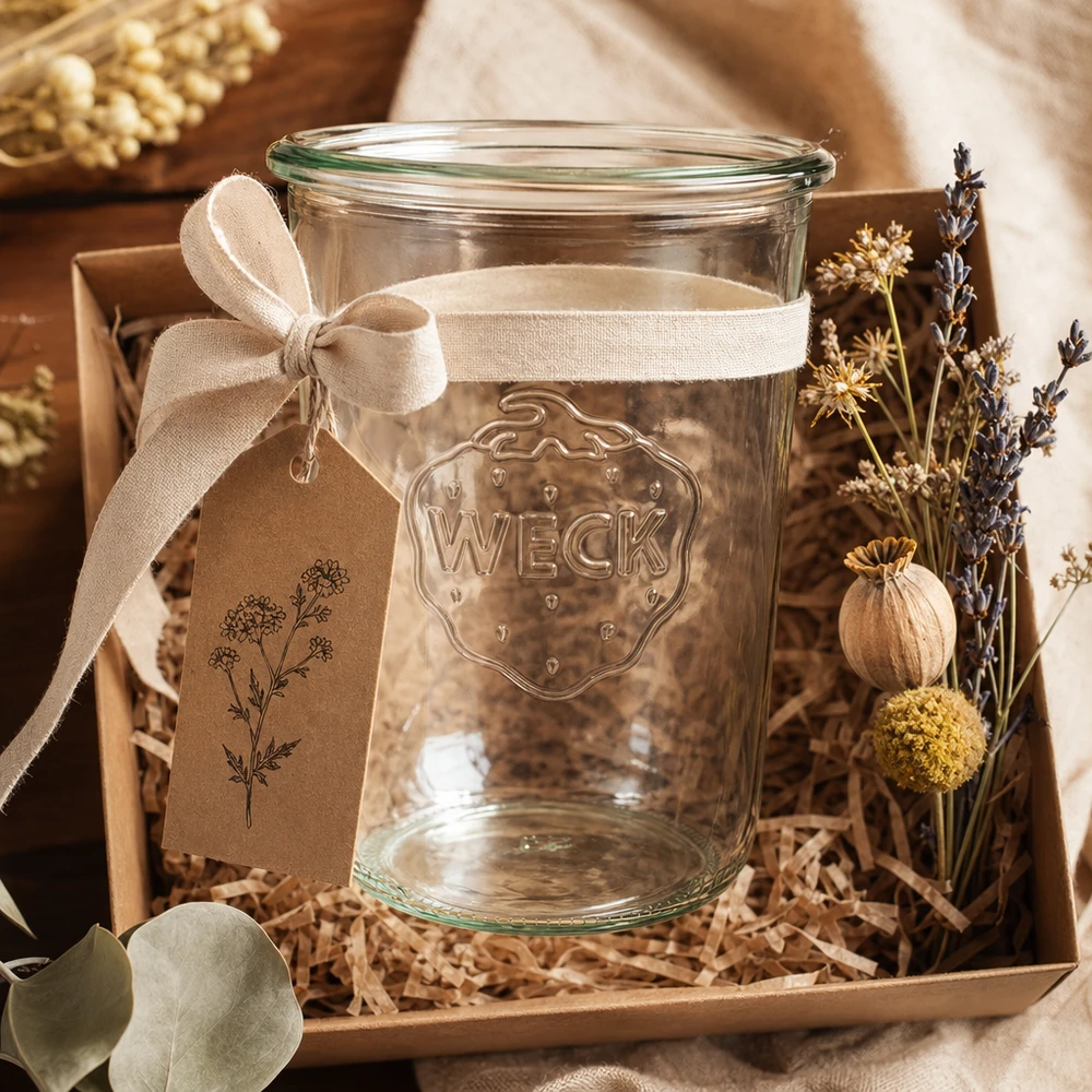 850ml stortglas WECK RR100 850ml WECK RR100 bekers met lint en gedroogde bloemen in een geschenkdoos op een houten achtergrond