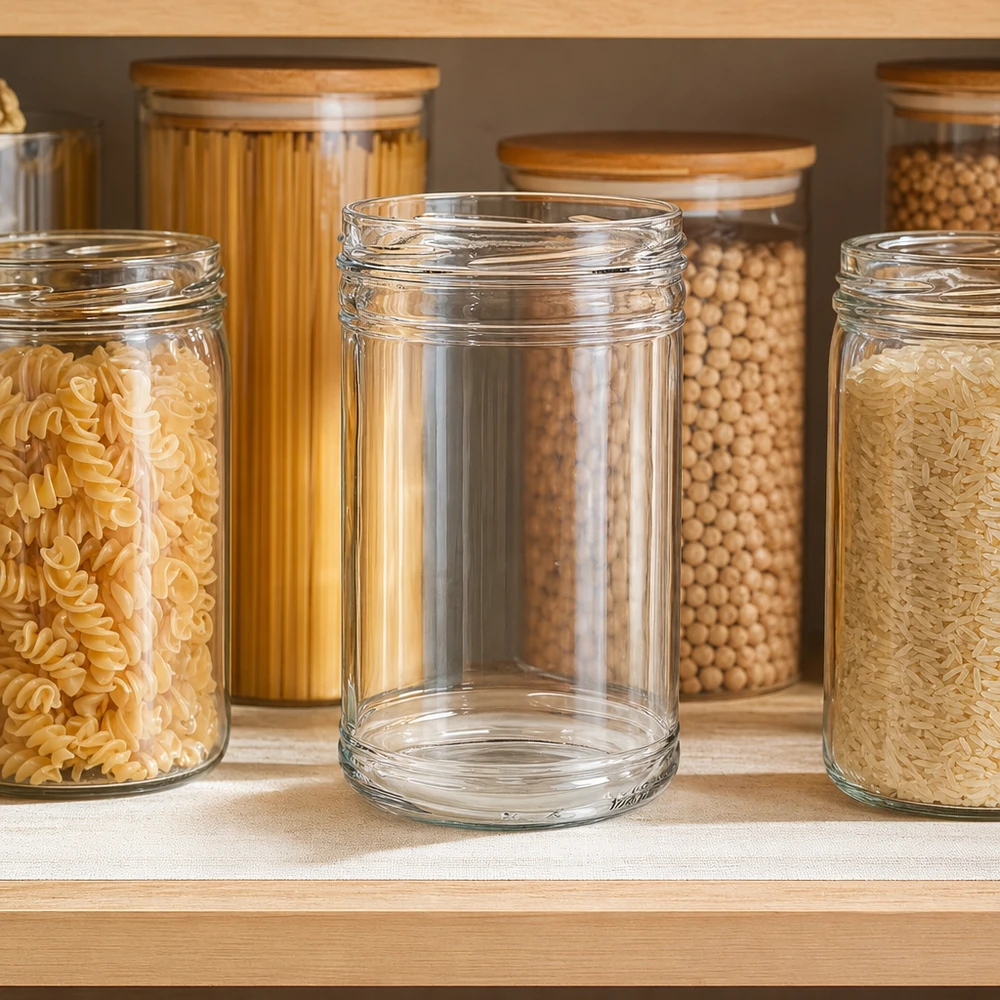 1053ml beker zonder deksel (TO100) UNiTWIST UNiTWIST trommels 1053ml TO100 lege voorraadpot in georganiseerde keuken voorraadkast tussen pasta en peulvruchten