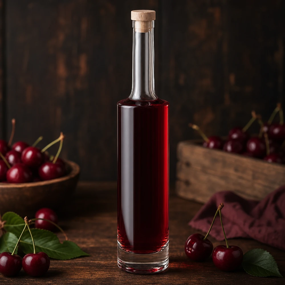 500 ml glazen fles Rosa met houten handgreepkurk UNiTWIST® 500ml Glasflasche Rosa mit rotem Kirschlikör gefüllt umgeben von frischen Kirschen auf rustikalem Holztisch