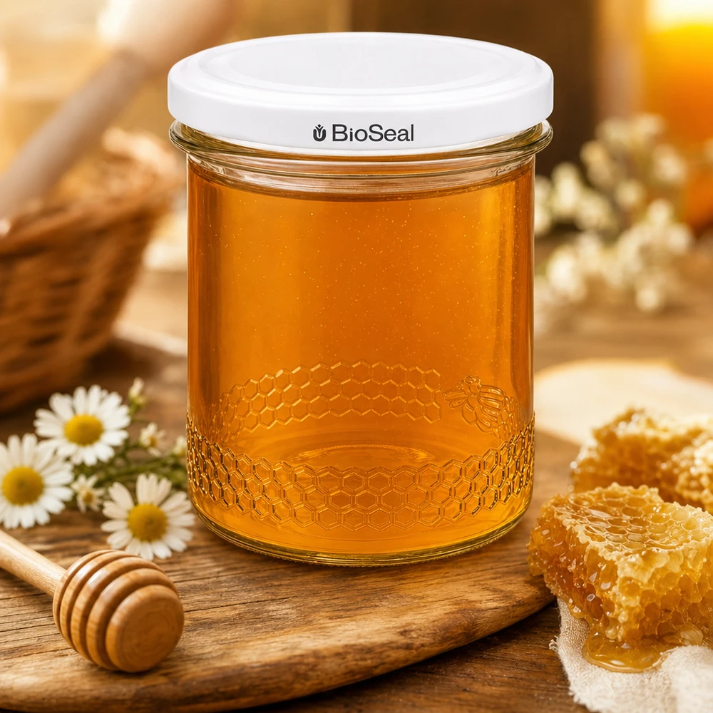 Honingpot 560 g met witte BioSeal UNiTWIST-deksel 400ml honingpot UNiTWIST gevuld met honing naast honingraat en honingdompelaar toont traditionele bijenteelt sfeer