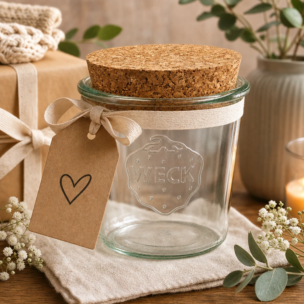 580ml stortglas WECK RR100 met kurk WECK 580ml RR100 bekers als cadeau met hartjeshanger en strik in een natuurlijke tafeldecoratie