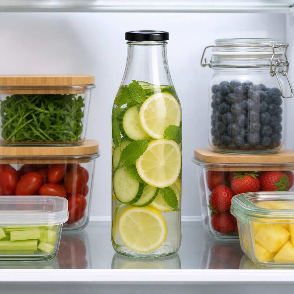 1000ml fles met BasicSeal deksel zwart UNiTWIST 1000ml Glasflasche mit Gurken-Zitronen-Infused-Water im Kühlschrank zwischen frischem Obst und Gemüse