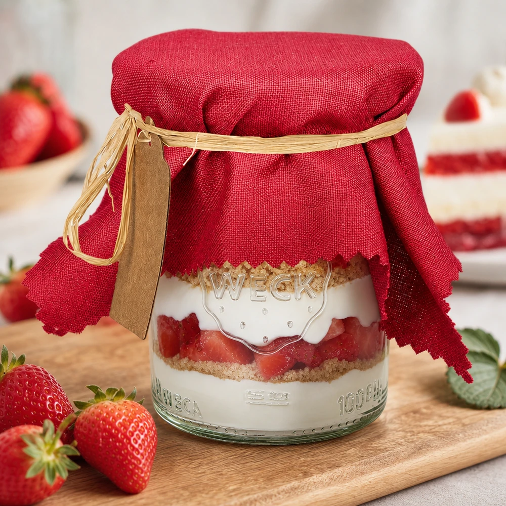 Bordeaux rode 15cm stoffen doily op laagjes cake pot met verse aardbeien en houten plank decoratie
