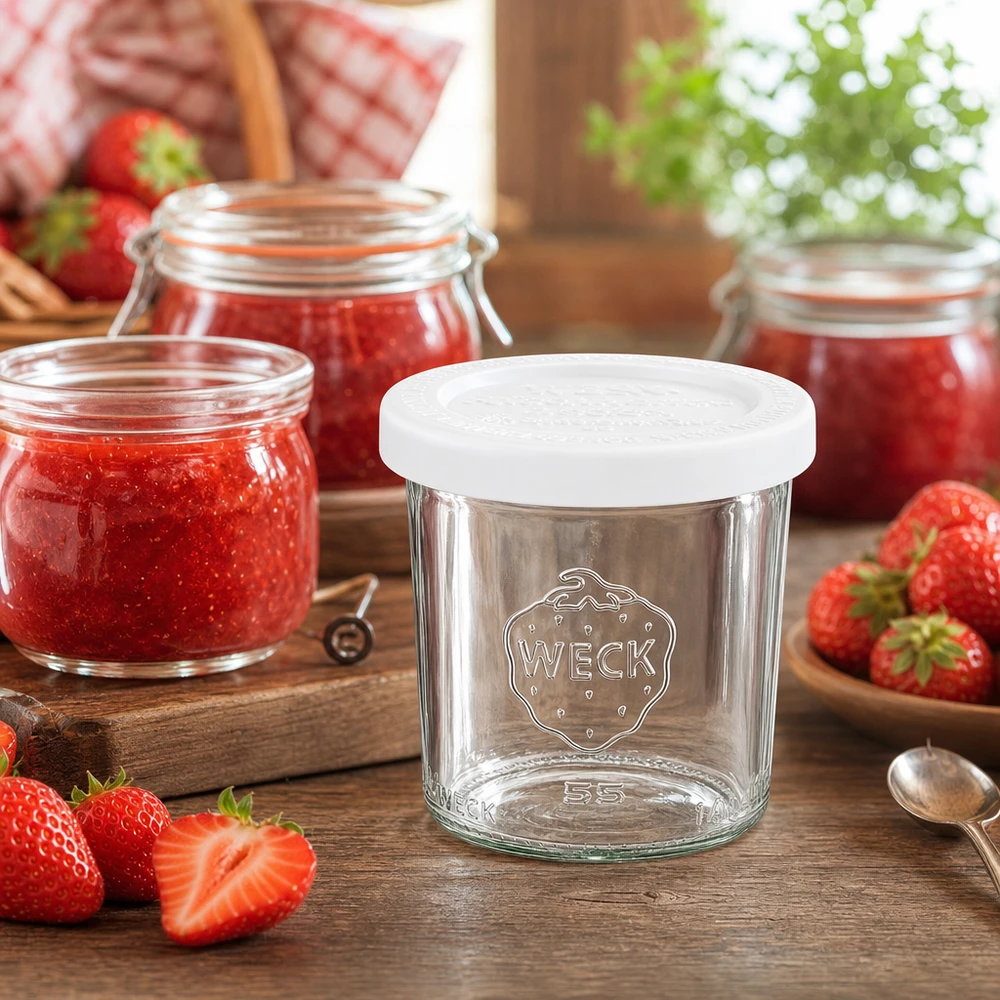 WECK RR60-pot van 140 ml met vershouddeksel WECK inmaakpotje van 140 ml met aardbeien en jam op een houten tafel - RR60 bekers voor jam en smeersels