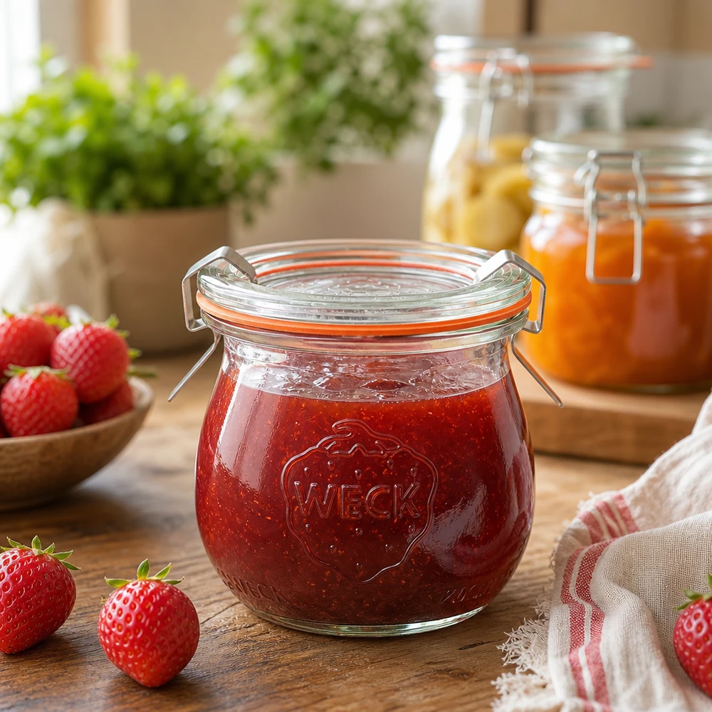 75ml tulpenglas compleet WECK RR40 WECK tulpenpot 75ml gevuld met aardbeienjam in een rustiek keukentafereel met verse aardbeien en jampotten