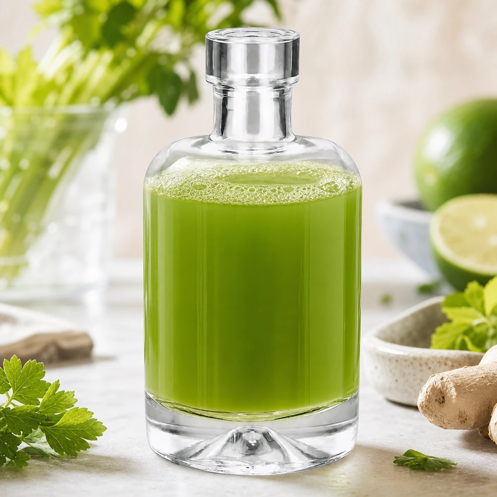 50ml glazen fles Amelie gevuld met groen kruidenextract naast verse kruiden en limoen toont natuurlijke cosmetica toepassing
