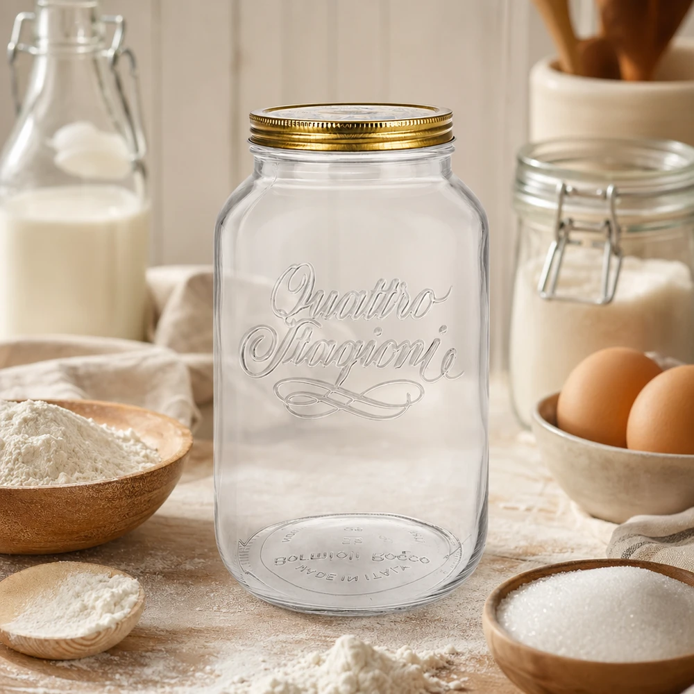 3800 ml rond glas "Quattro Stagioni" met deksel Quattro Stagioni 3800ml ronde pot in rustieke keuken omringd door bak ingrediënten bloem eieren en melk voorraad pot