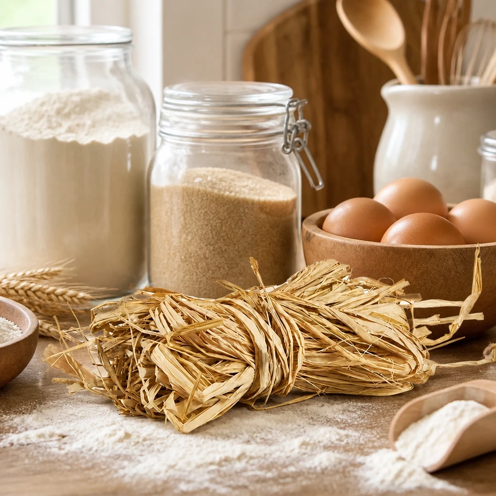 Natuurlijk raffia voor decoratie 30 g Natuurlijke raffia 30g goudbeige als keukenhulp voor pastabundels naast eieren en bloem toont traditioneel gebruik