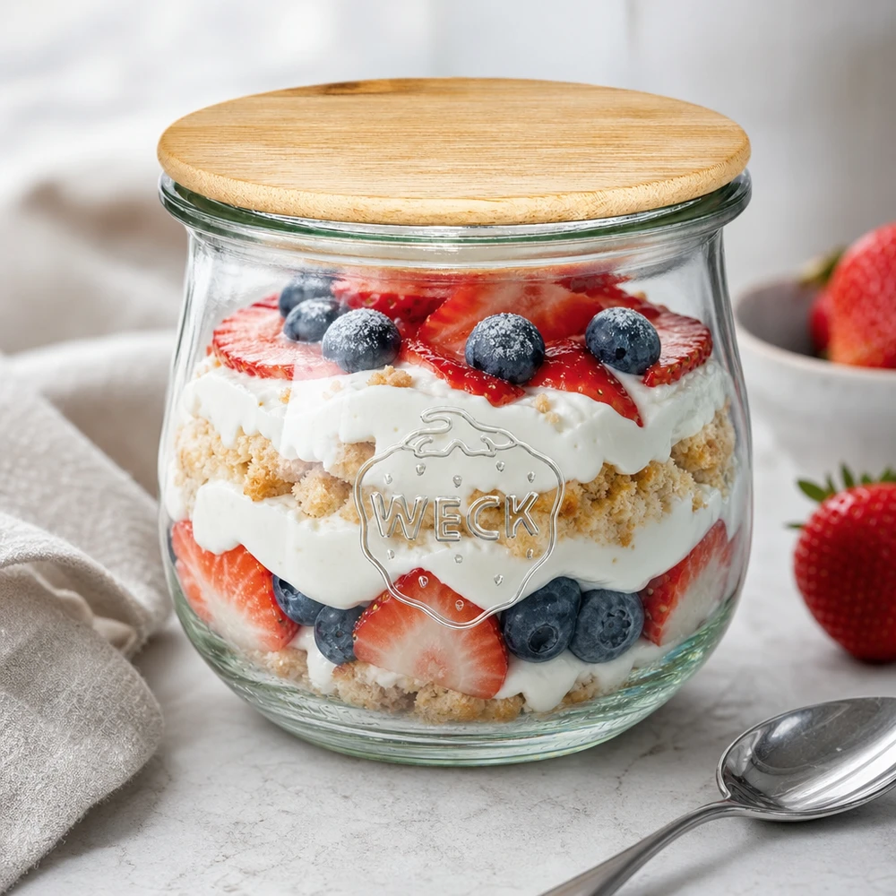 WECK tulp pot 370ml RR80 met houten deksel als een dessert pot gevuld met bessen trifle en room op een wit oppervlak