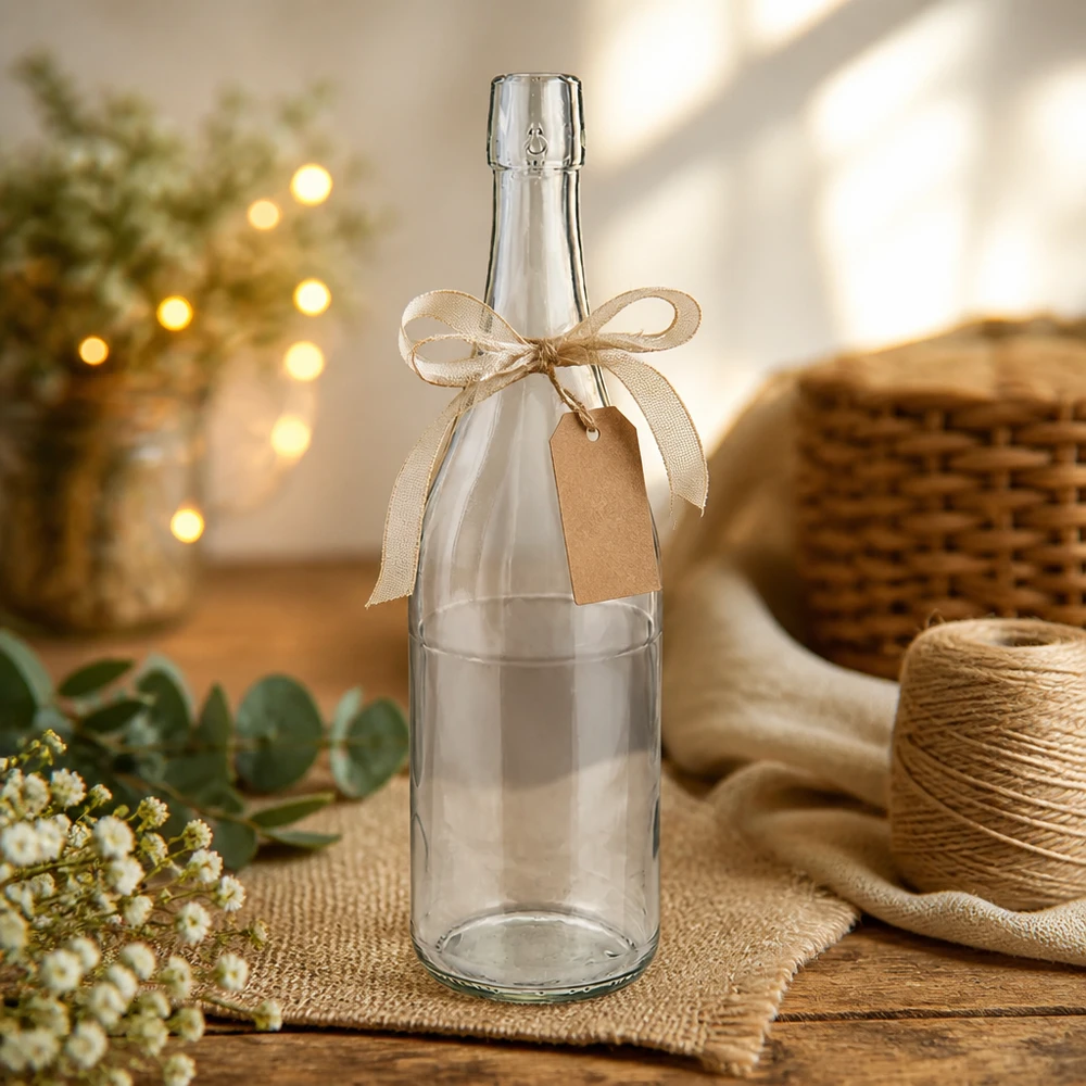 750 ml glazen fles zonder draaidop UNiTWIST 750ml UNiTWIST glazen fles decoratief met strik en cadeaulabel rustiek ambachtelijk materiaal jute