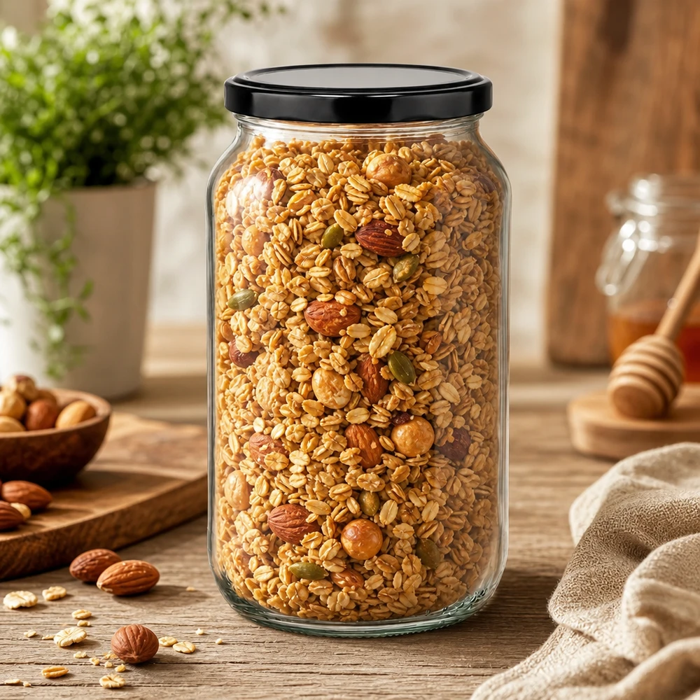 1062ml rond glas met BasicSeal deksel zwart UNiTWIST 1062ml ronde pot gevuld met muesli en noten - grote voorraadpot met zwart deksel voor droge voeding