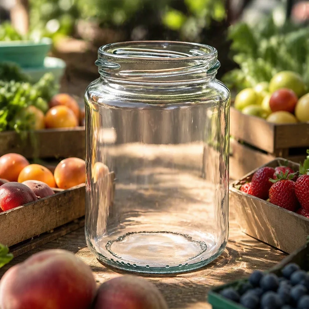 382ml rond glas zonder deksel (TO66) UNiTWIST Lege UNiTWIST Runda382 ronde pot 382ml TO66 inmaakpot op een houten tafel met vers fruit en groenten op de achtergrond