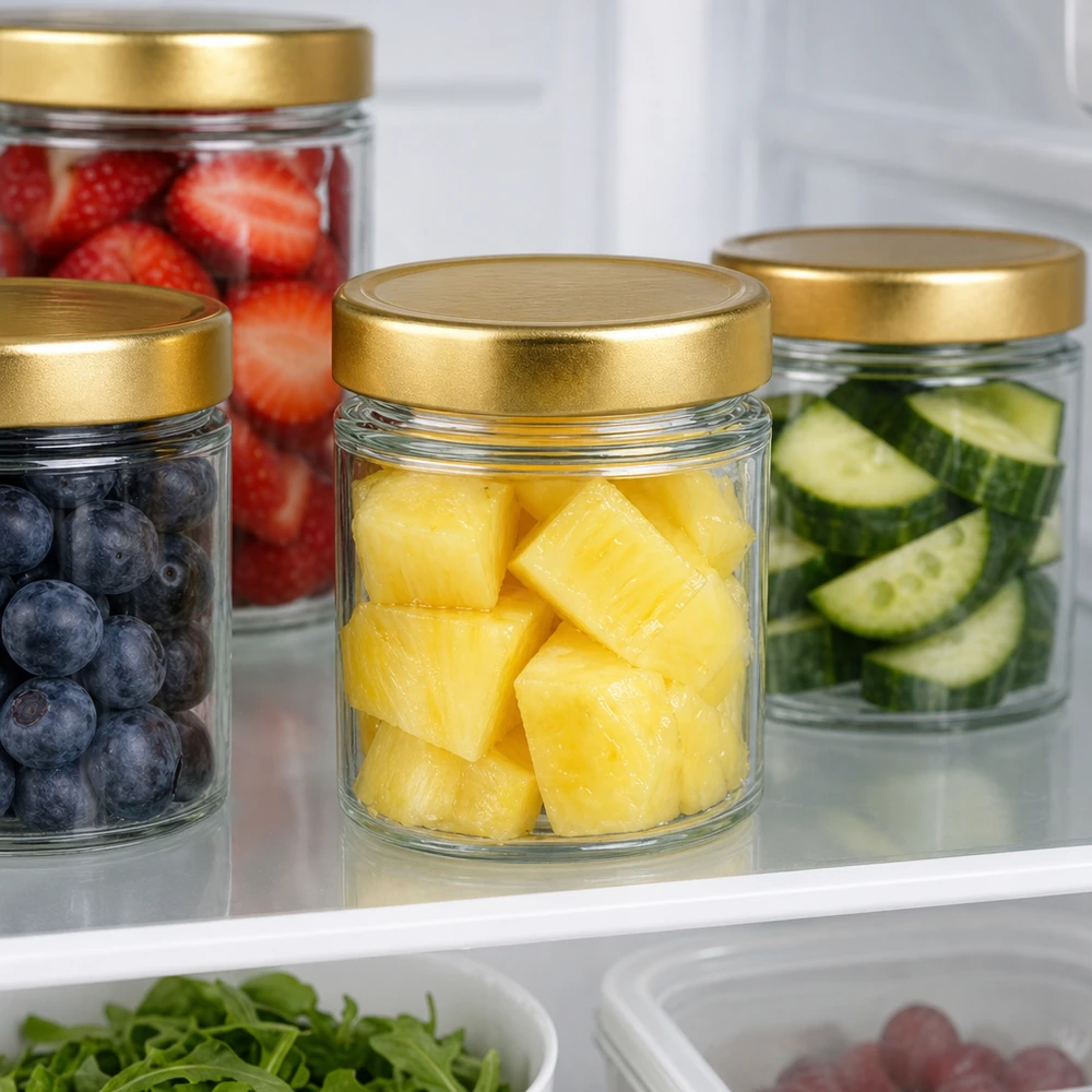154ml rond glas met BasicSeal deksel goud deep UNiTWIST 154ml Rundglas BasicSeal gold im Kühlschrank mit Obst Ananas Beeren Gurken frische Lebensmittel Meal Prep Aufbewahrung