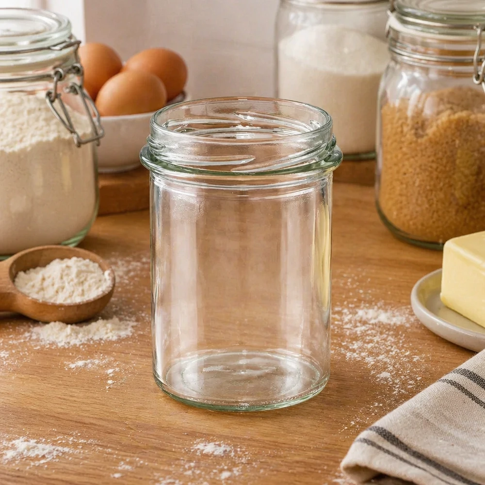 230ml beker zonder deksel (TO66) UNiTWIST UNiTWIST Sturz230 bekers 230ml TO66 leeg op houten tafel tussen bakingrediënten bloem eieren en inmaakpotten