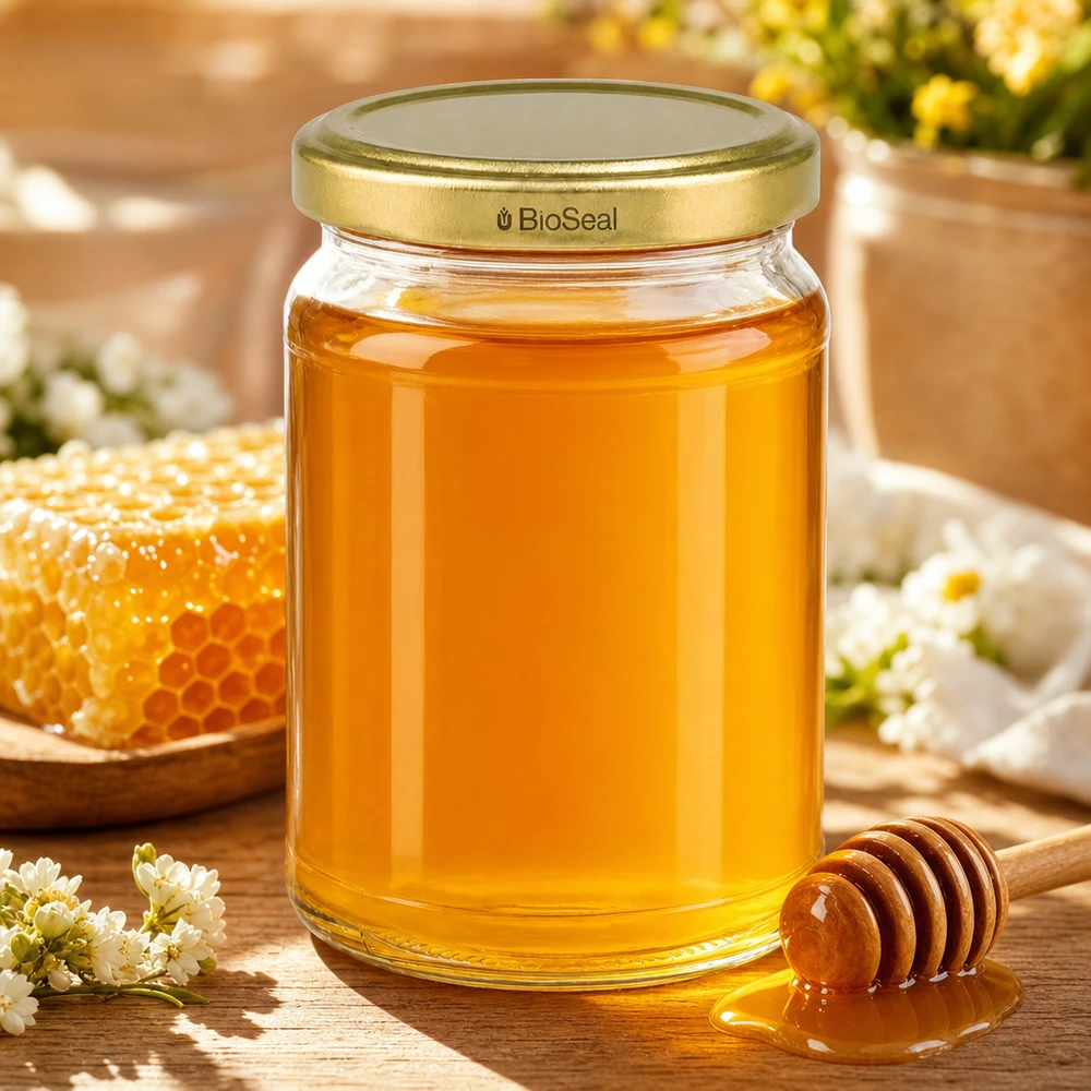 205ml rond glas met BioSeal deksel goud UNiTWIST UNiTWIST Runda205 honingpot met honingraat honey dipper TO58 BioSeal gouden deksel bloesemhoning natuurlijke decoratie