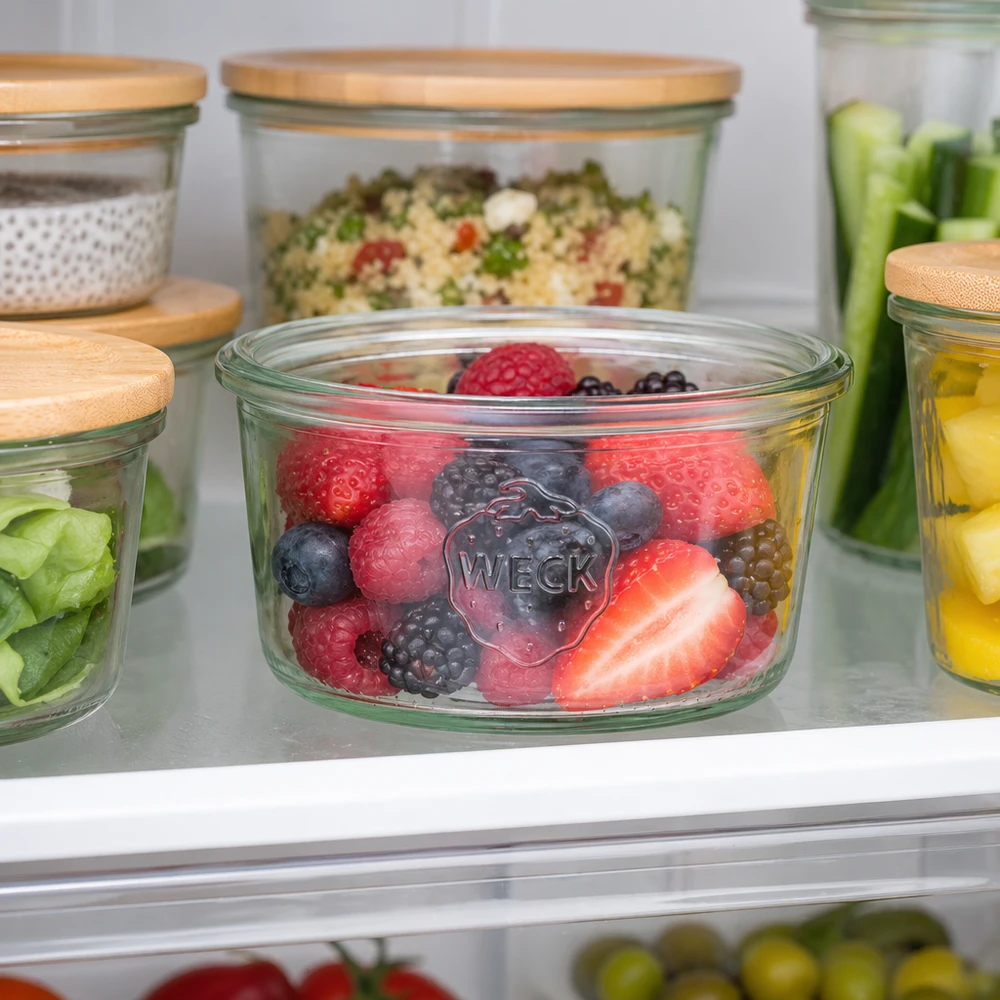 WECK RR80-pot van 165 ml WECK 165ml RR80 mason jar met gemengde bessen in de koelkast, meal prep pot met houten deksel