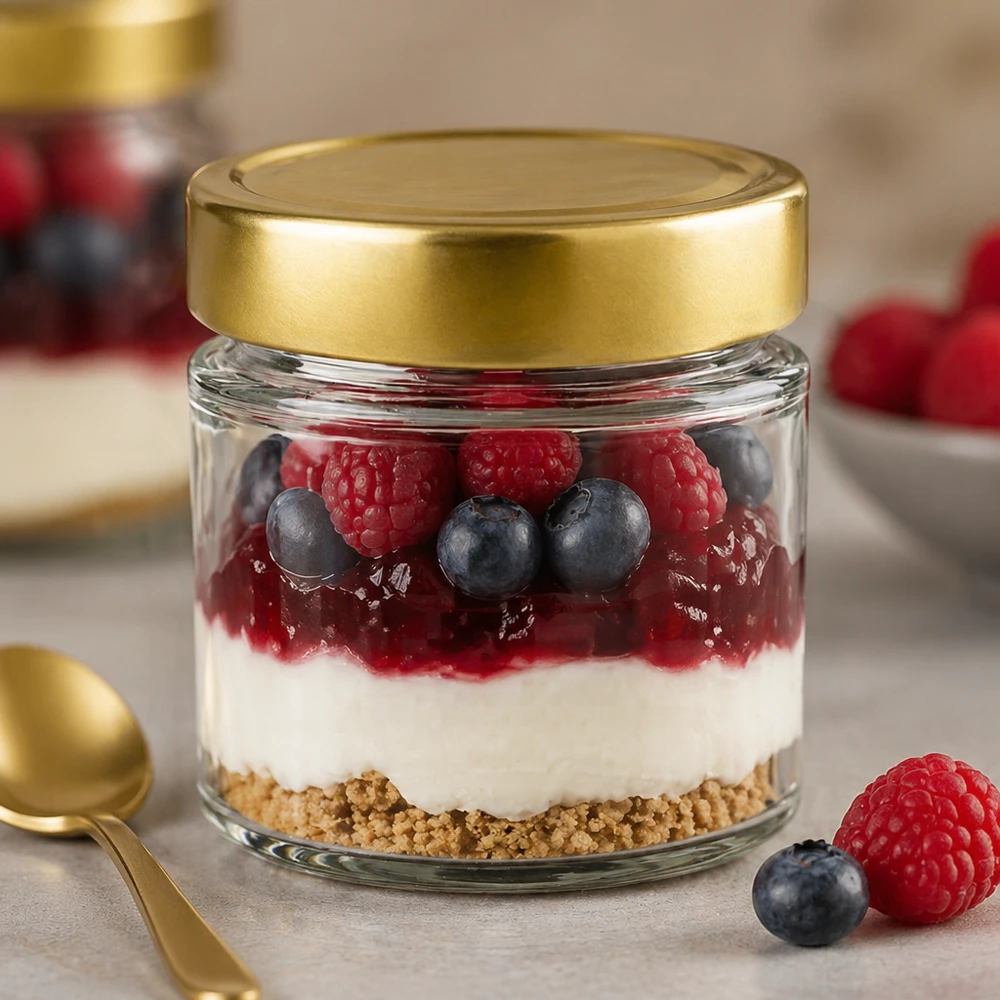 154ml rond glas met BasicSeal deksel goud deep UNiTWIST 154ml rond glas BasicSeal goud gevuld met dessert yoghurt bessen bosbessen frambozen crumble gelaagd dessert