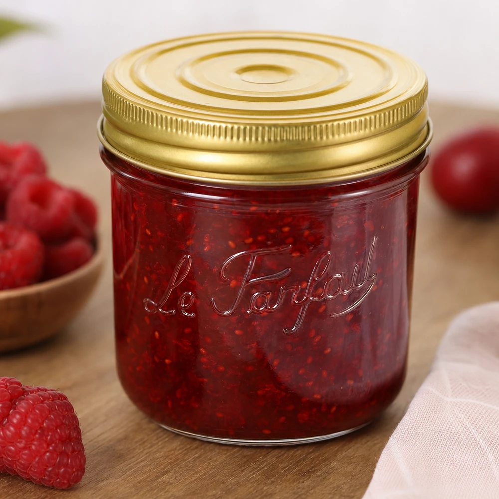 Le Parfait® Familia Wiss 350 g Ø100 mm pot 415 ml Familia Wiss pot met gouden deksel gevuld met rode jam naast verse aardbeien op een houten tafel