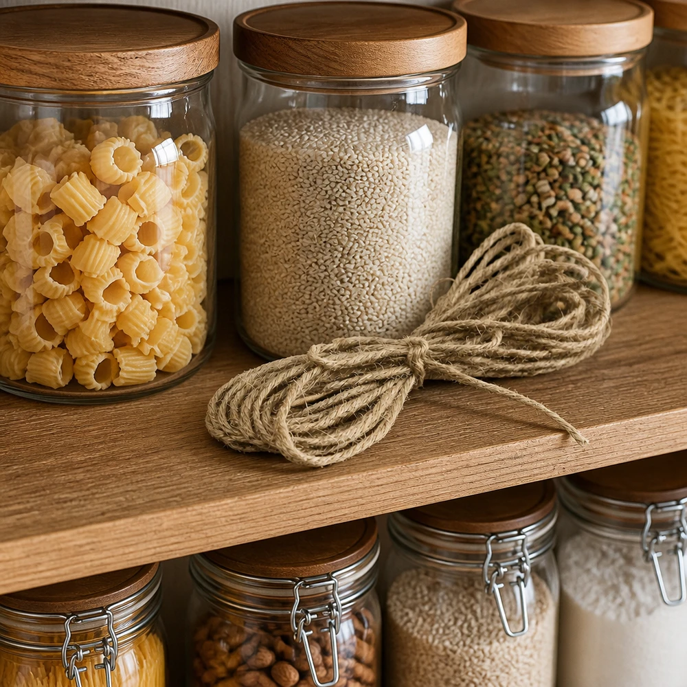 Natuurlijk jute koord 300cm decoratief in bijkeuken keuken met glazen potten en houten planken als natuurlijke decoratie