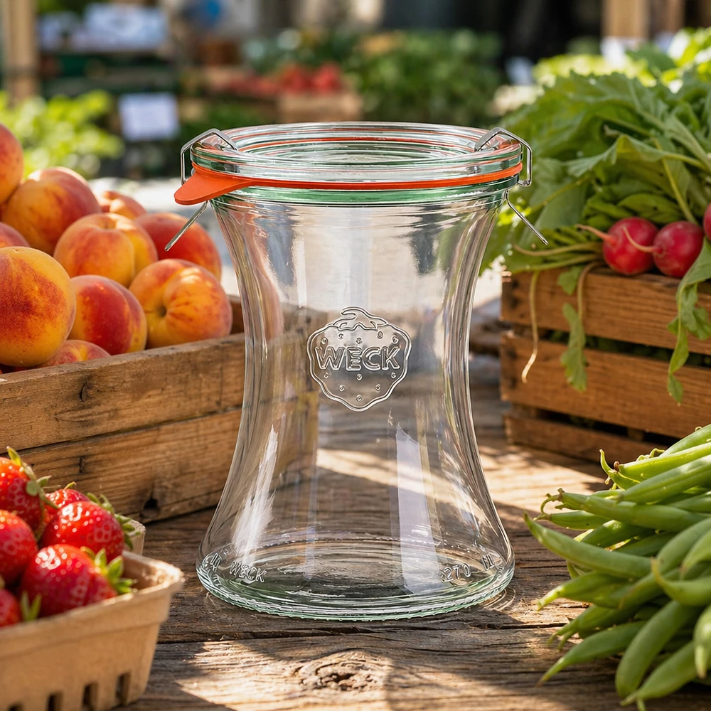 370 ml delicatessenpot, compleet WECK RR80 WECK delicatessenpot 370ml RR80 op houten tafel met vers fruit groenten marktkraam sfeer natuurlijke presentatie