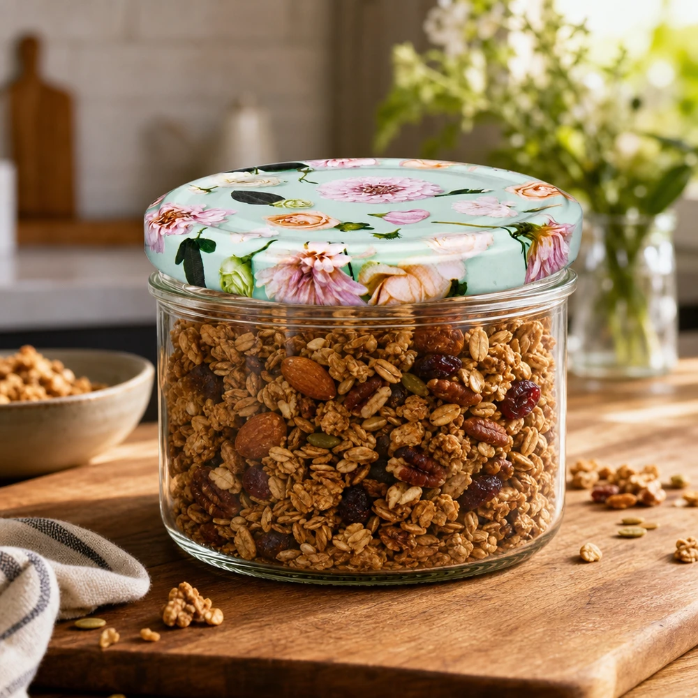 Muesli in 230ml cilinderpot met BasicSeal deksel bloem mint op houten plank - voorraadpot voor keukendecoratie