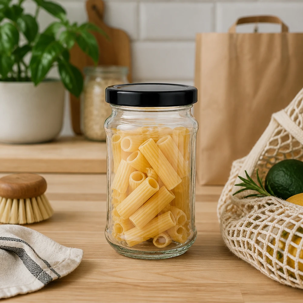 390ml rond glas met BasicSeal deksel zwart UNiTWIST 390 ml ronde pot met zwart BasicSeal deksel gevuld met pasta op houten werkblad - ideaal om pasta in te bewaren