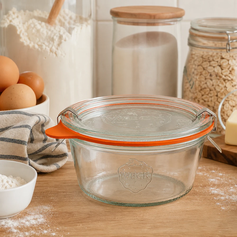 290ml stortglas laag compleet WECK RR80 WECK Sturzglas 290ml RR100 in moderner Küche mit Backzutaten zeigt praktische Aufbewahrung und edles Design