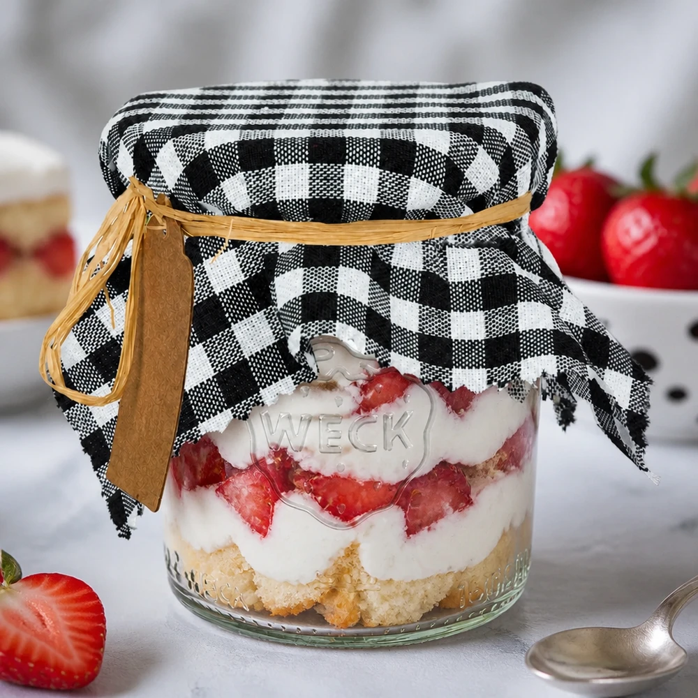 Decoratieve doily zwart-wit geblokt op dessert pot met aardbeien en room rustieke decoratie 15cm vierkant