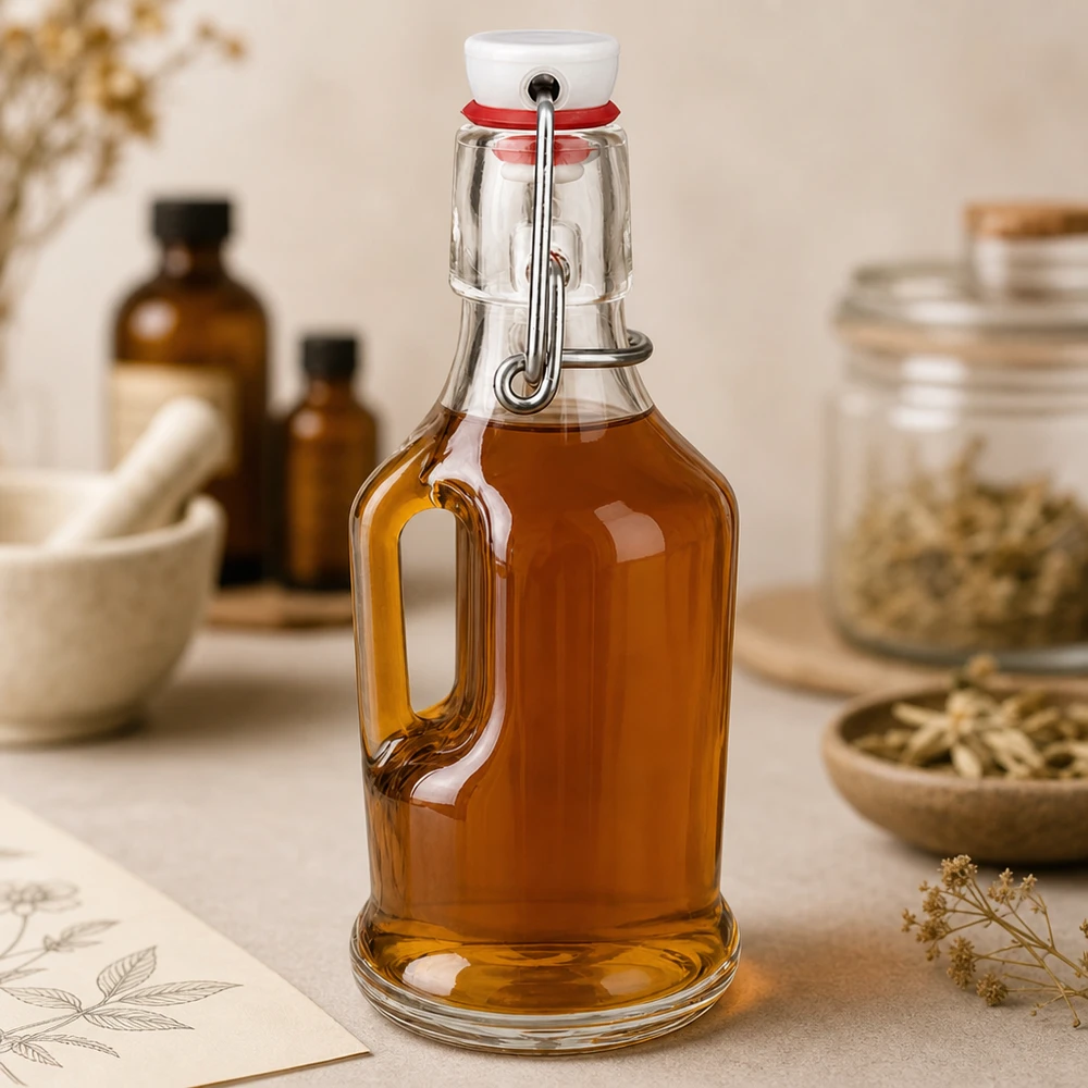 200 ml glazen fles Bertha en PVC-sluiting UNiTWIST® Glazen fles Bertha 200ml amberkleurig gevuld, natuurlijk keukentafereel met kruiden en specerijen, UNiTWIST dop