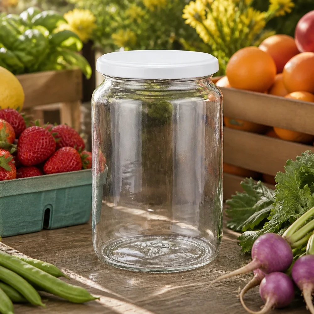 795ml rond glas met BasicSeal deksel wit UNiTWIST Klares 795ml Rundglas mit weißem Deckel inmitten von frischem Obst und Gemüse - perfekt für Marmelade und Eingemachtes