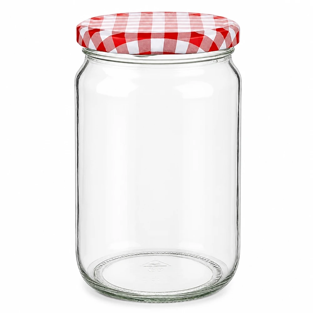 795ml rond glas met BasicSeal deksel rood/wit UNiTWIST 795 ml ronde pot met rood en wit geblokt BasicSeal deksel, lege inmaakpot voor inmaken en bewaren
