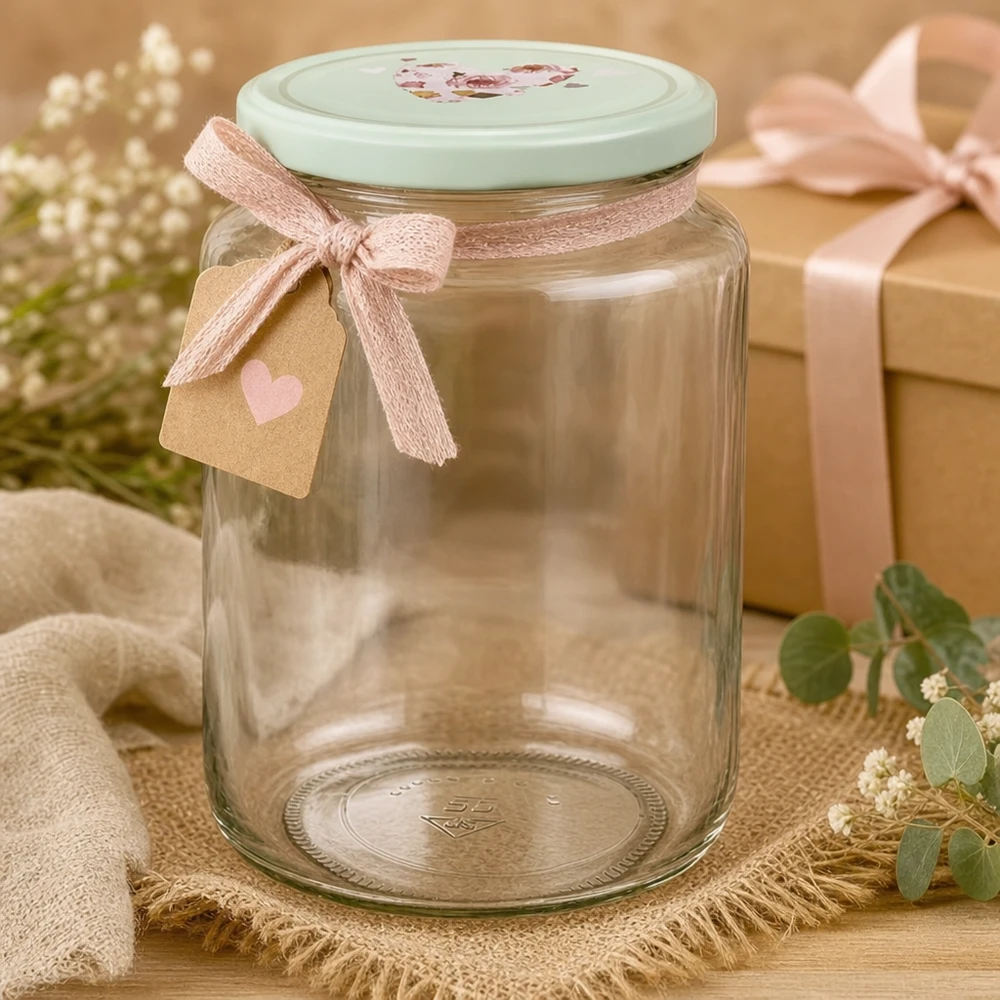 Ronde pot van 795 ml + BasicSeal-deksel met munt hart UNiTWIST 795 ml ronde pot met mint BasicSeal hartvormig deksel versierd met een roze strik en cadeaulabel als cadeautip