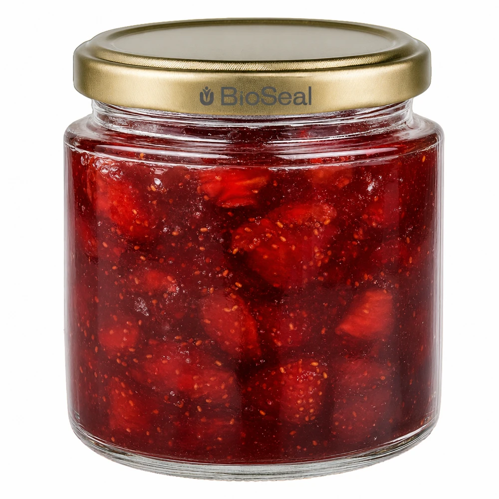 Honingpot 350 g met gouden BioSeal UNiTWIST-deksel BioSeal 250 ml honingpot met zelfgemaakte aardbeienjam, gouden UNiTWIST deksel voor jam en fruitspread