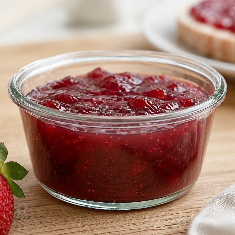 WECK RR100 290ml gourmetpot gevuld met aardbeienjam op keukenplank naast aardbei en brood met jam