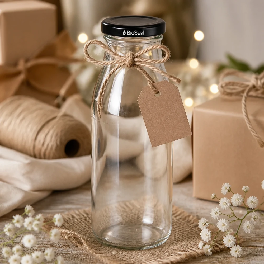 500ml fles met BioSeal deksel zwart UNiTWIST Glazen fles van 500 ml versierd met jute koord en cadeaulabel als cadeau-idee naast knutselmaterialen